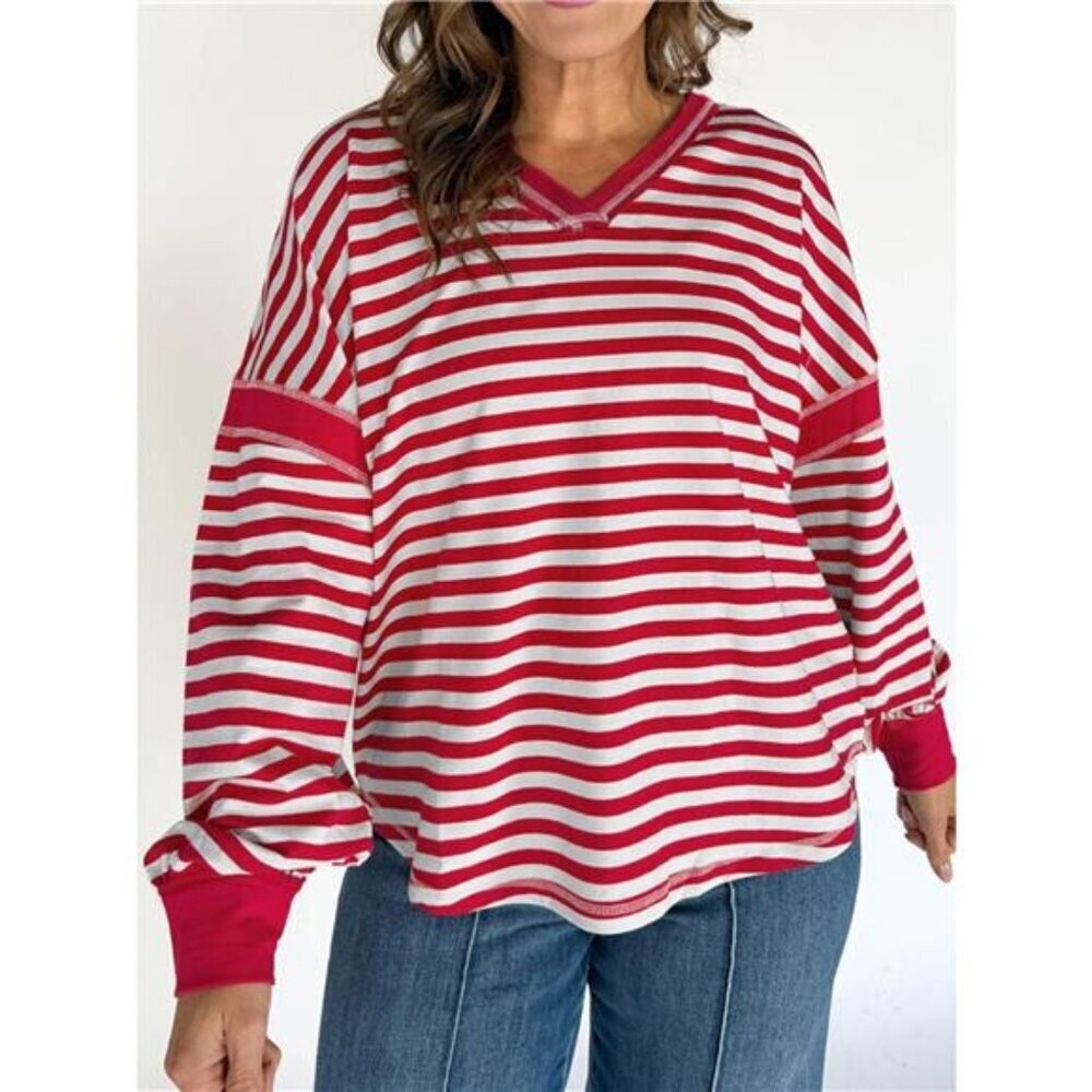Striped V-Neck Long Sleeve Sweatshirt